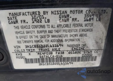 2002 Nissan Sentra Xe from USA, damaged, VIN 3N1CB51D22L611694